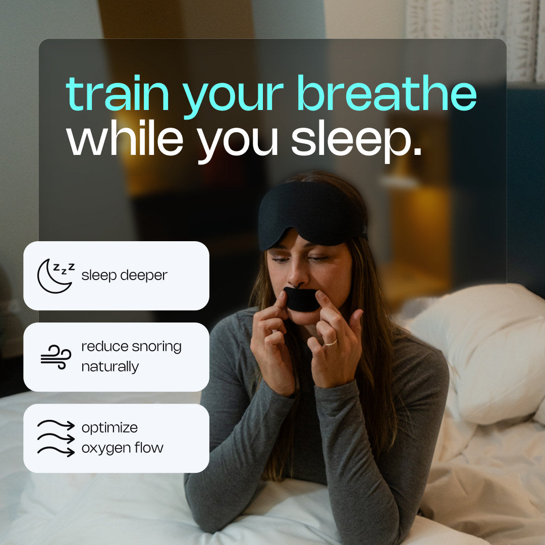 Woman applying Breathewave mouth tape in bed - train your breathe while you sleep: sleep deeper, reduce snoring naturally, optimize oxygen flow