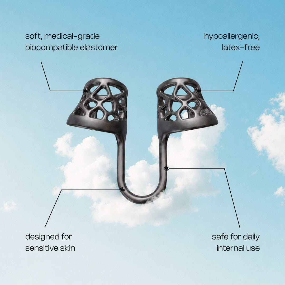 Breathewave nasal dilator with labels: soft medical-grade biocompatible elastomer, hypoallergenic and latex-free, designed for sensitive skin, safe for daily internal use