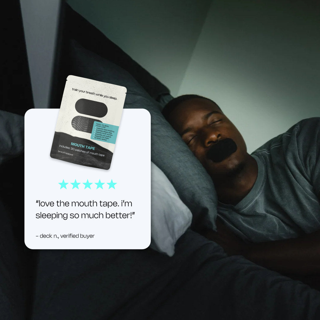 Man snoring in bed beside a five-star review of Breathewave mouth tape: love the mouth tape, I am sleeping so much better