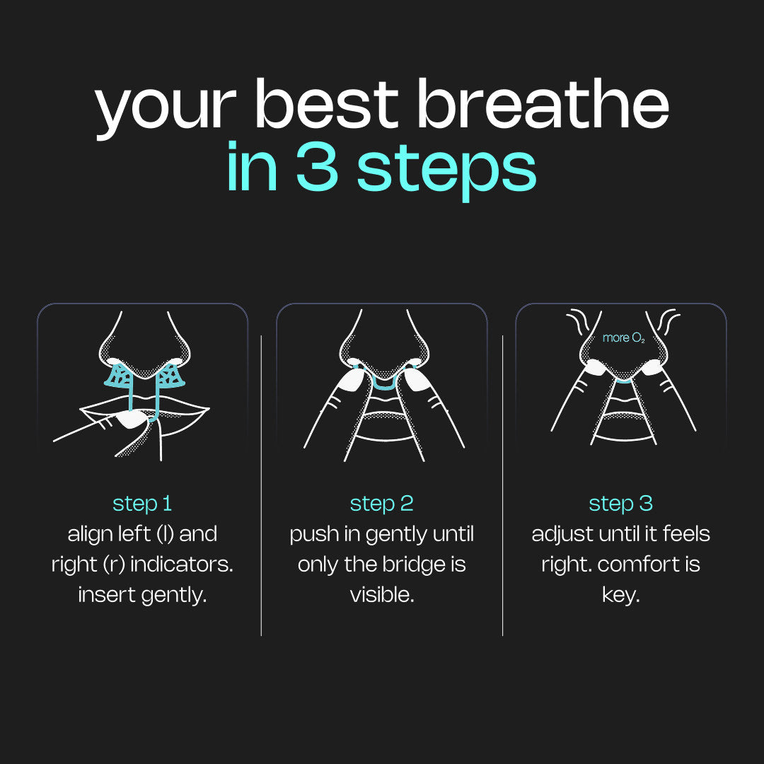 How to use the Breathewave nasal dilator in 3 steps: align left and right indicators, push in gently until only the bridge is visible, adjust until comfortable