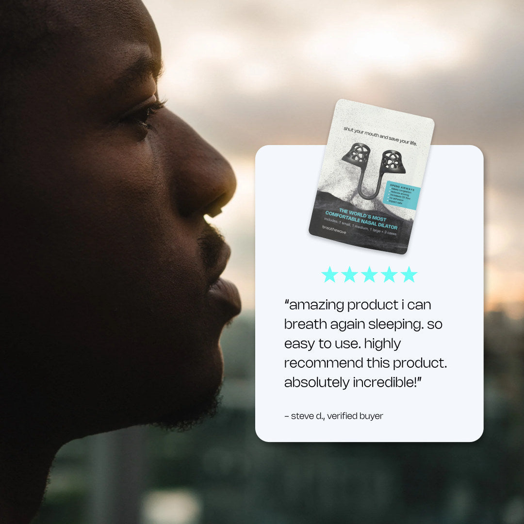 Man breathing through his nose beside a five-star customer review: amazing product, I can breathe again sleeping, easy to use